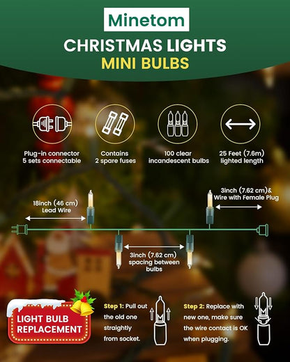 Minetom 100 Count 25 Feet Christmas String Lights, Incandescent Bulb Mini Lights for Outdoor Indoor Xmas Tree Birthday Wedding Party Festival Christmas Decorations Decor