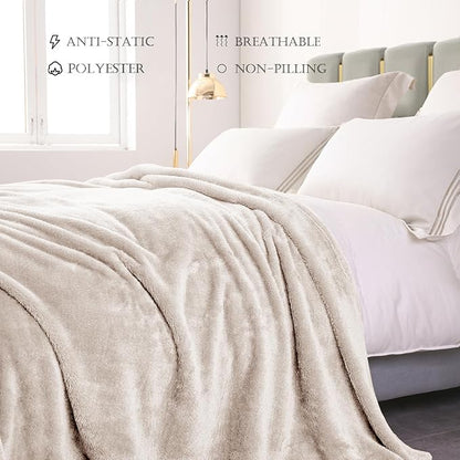 Exclusivo Mezcla Plush Fuzzy Fleece Bed Blanket Queen Size, Super Soft, Fluffy and Warm Blankets Suitable for All Seasons (Beige, 90x90 Inches)