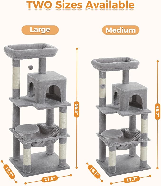 Cat Tree for Large Cats Adult with Metal Plush Big Hammock, 56.3" Cat Tower with 2 Door Condo House, 6-Tier Cat Shelves with Scratching Posts and Large Top Perch, Gray-Mewly Pet