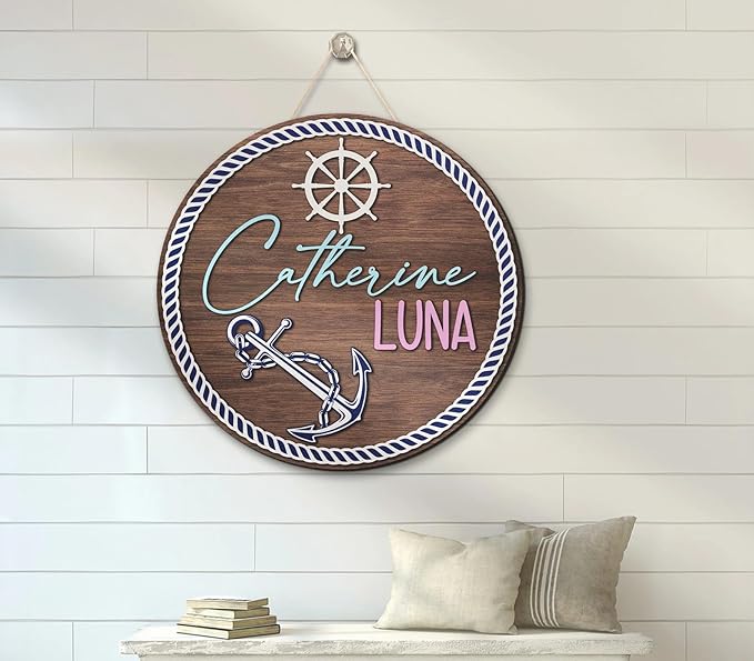 Custom Anchor Kid 3D Wood Nursery Name Sign, Personalized Nautical Ocean Wooden Sign for Baby Shower Boy Girl Birthday Gift for Kids, Door Hanger Kids Room Decor, Door Sign for Baby