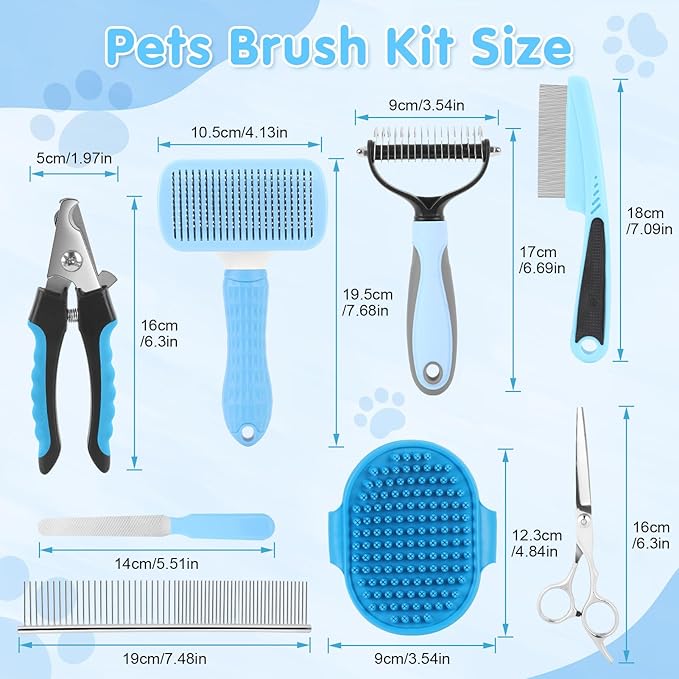 Cat Grooming Brush, 9PCS Dog Brush Kit with Pet Nail Clipper and File, Deshedding Brush for Cats, Cats Dog Shedding Brushs for Small Large Pets, Includes Flea Comb, Bath Brushs,Undercoat Rake (Blue)-Mewly Pet