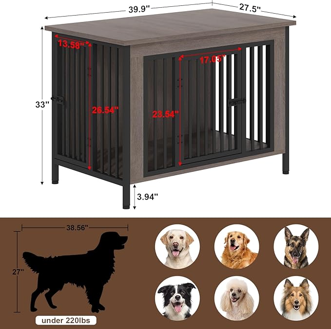 EasyCom 39.96" XL Wooden Large Dog Crate Furniture for Medium and Large Breed, Chew-Resistant Dog Kennel Furniture Indoor with 2 Doors and 3.94" Raised Feet, as TV Stand, End Table, Crate Table-Mewly Pet