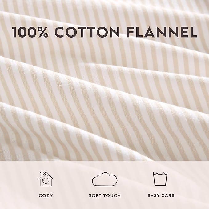 Laura Ashley - Flannel Sheets Queen Size, Anti-Pilling & Wrinkle Resistant Cotton, Soft for All-Season Comfort - Bed Sheets with Matching Pillowcases & Fitted Sheet (Oxfordshire Stripe Beige)