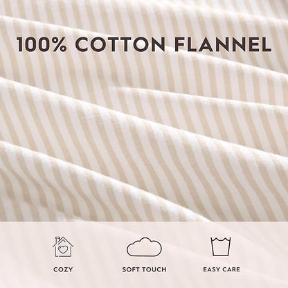 Laura Ashley - Flannel Sheets Twin Size, Anti-Pilling & Wrinkle Resistant Cotton, Touchably Soft for All-Season Comfort - Bed Sheets with Matching Pillowcase & Fitted Sheet (Oxfordshire Stripe Beige)