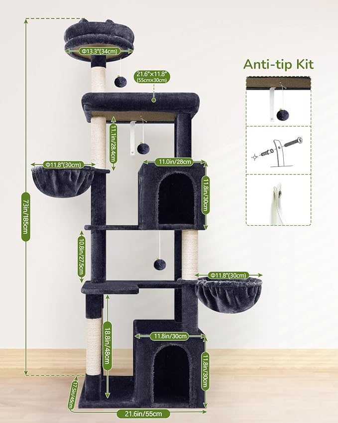 Globlazer Heavy Duty Cat Tree Tower, 73in Tall Cat Tree for Indoor Cats Large Adult, Cat Condo for Large Cats with 5 Scratching Posts, 2 Cat Caves, 2 Padded Perches, 2 Hanging Baskets, F73, Dark Gray-Mewly Pet
