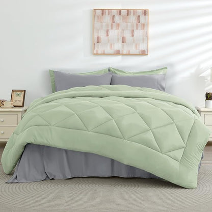 HEVUMYI Cali-King Comforter Set - 7-Piece All Season Bed in a Bag Cali-King, Ultra Soft Bedding Set with Comforter, Flat Sheet, Fitted Sheet, Pillowcases, Pillow Shams, Sage Green & Light Grey