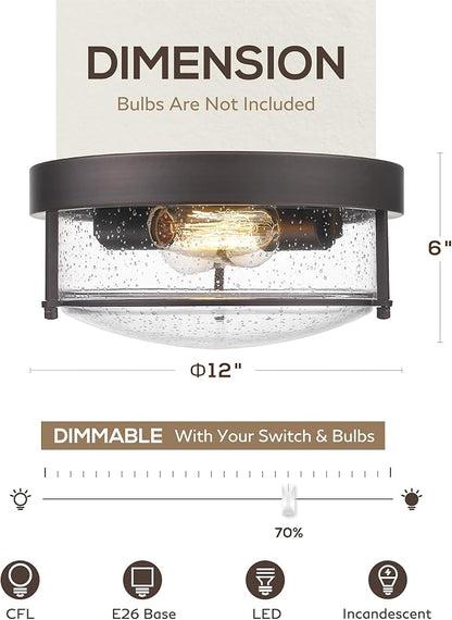 FEMILA Flush Mount Light Fixture, 12" Ceiling Light Fixtures, Farmhouse Porch Ceiling Lighting Outdoor, Oil Rubbed Bronze with Seeded Glass Shade,4FTJ22-F ORB