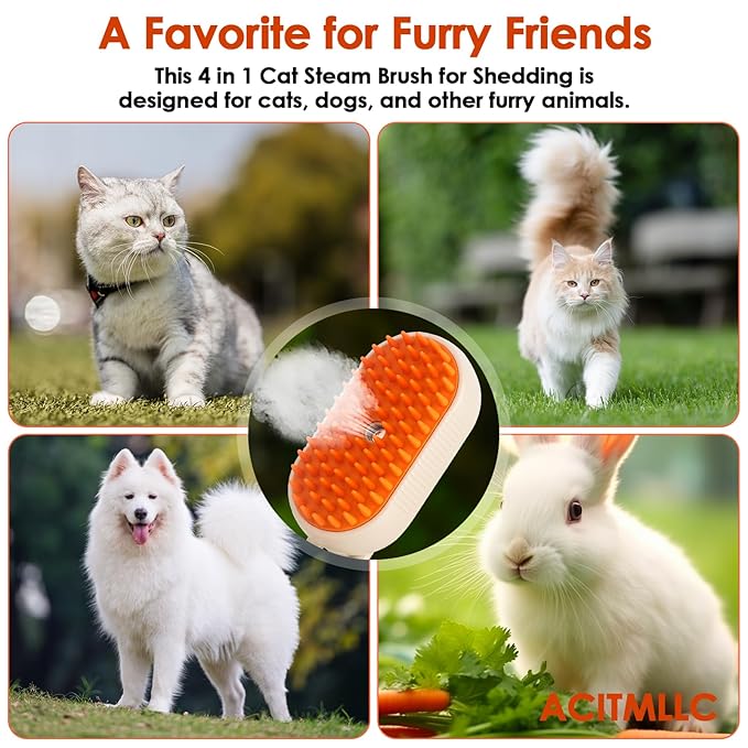 Cat Steam Brush for Shedding & Deshedding - 4-in-1 USB Rechargeable Pet Hair Removal Comb with Water Tank, for Indoor Long/Short Haired Cats & Dogs, Grooming Massage & Cleaning (Khaki)-Mewly Pet