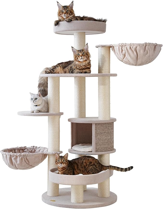 Extra Large Cat Tree for Maine Coon,65 Inches Tall Cat Tree Tower for Indoor Cats Large Adult 20 lbs,XXL Heavy Duty Luxury Sturdy Cat House with Big Hammock,Sisal Scratching Post,Condo-Mewly Pet