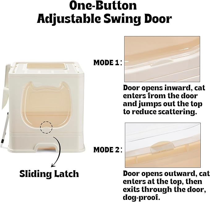 Gefryco Foldable Cat Litter Box with Lid,Covered Litter Box for Small and Medium Cats, Enclosed Cat Potty with Scoop and Brush, Top Entry Cute Kitten Litter Tray with Drawer and Top Cover(White)-Mewly Pet