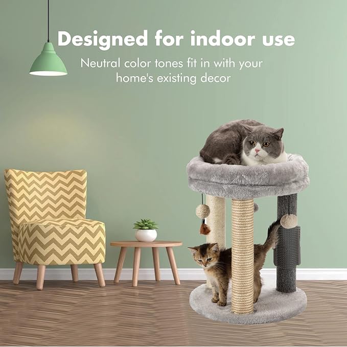 MECOOL 4in1 Small Cat Tree,Scratching Post with Tower Soft Bed, Sisal Carpet Jute Posts with Three Hanging Ball Toys and Massage Brush for Indoor Cats and Kittens-Mewly Pet