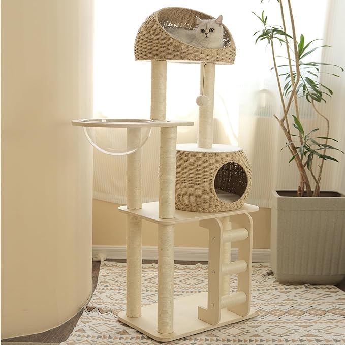 Rattan Cat Tree for Indoor Cats,Tall Cat Tree Tower with Cat Scratching Post,Wood Cat Tower for Indoor Cats,57.5 Inch Tall-Mewly Pet