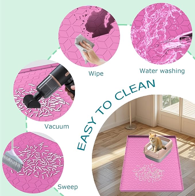 Cat Litter Mat, Silicone Large Cat Mat for Litter Box - 34x22 in, Waterproof & Non-Slip, Durable & Easy Clean, Pink-Mewly Pet