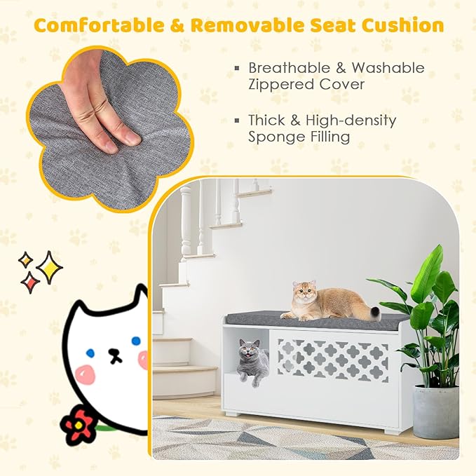 Tangkula Cat Litter Box Enclosure, Hidden Litter Box with Removable Cushion & Flip-Down Opening, Multifunctional Storage Cabinet Bench, Modern Litter Box Furniture Fits Most Litter Box (White)-Mewly Pet