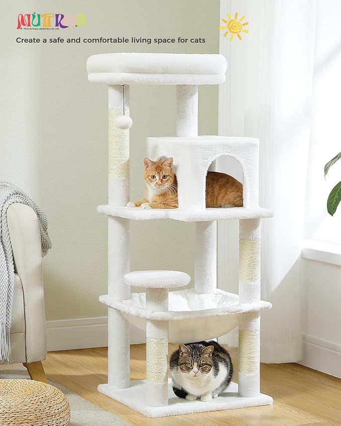 White Cat Tree for Indoor Cats, 45.7" Multi-Level Cat Tower with Large Metal Frame Hammock, Cat Condo with 4 Scratching Posts and Top Perch, White-Mewly Pet