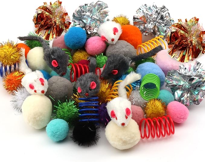60 Pack Cat Toys - Assorted Kitten, Mouse, Crinkle & Pom Pom Balls-Mewly Pet