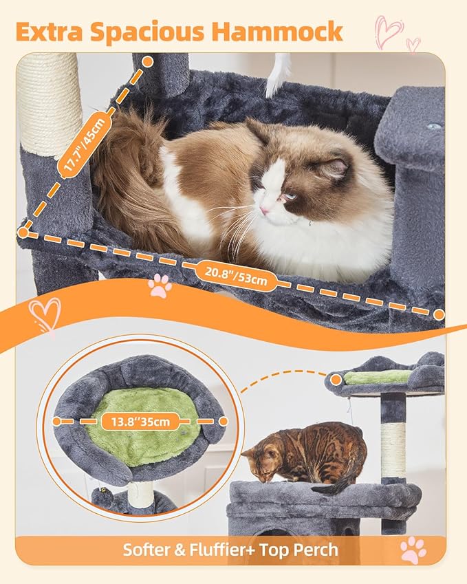 Taoqimiao 83In Heavy Duty Cat Tree, Suitable 20lb+ Large Cats, XXL-Cat Tower for Indoor Cats Large Adult, 2 Luxurious Cat Cando with 8 Scratching Posts,Oversized Metal Hammocks,Smoky Gray MS032G-Mewly Pet