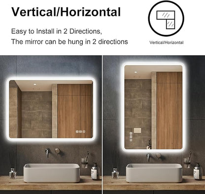 S'bagno 32"x24" LED-Lighted-Bathroom-Mirror, Wall-Mounted-Dimmable-Vanity-Mirror, Bluetooth Speaker Anti-Fog Waterproof Smart Touch Button 3 Colors Bathroom-Lighted-Mirror, Vertical/Horizontal
