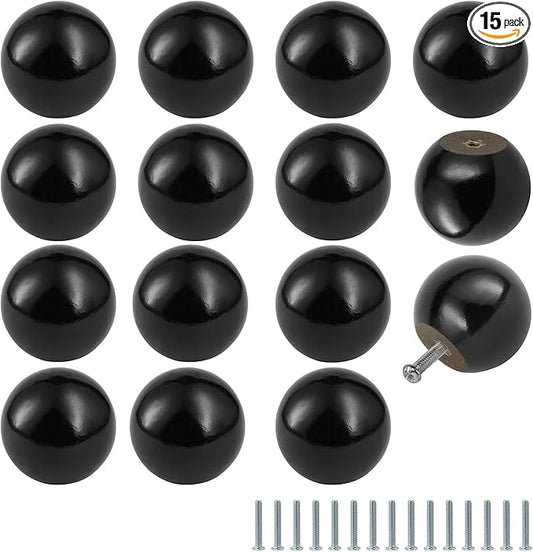 FoDau770 15pcs Black Wood Knobs, Round Ball Cabinet Knobs Vintage Drawer Pulls, Natural Wooden Cabinet Hardware for Furniture Drawer Dresser Wardrobe Cupboard - 1-1/2" Diameter