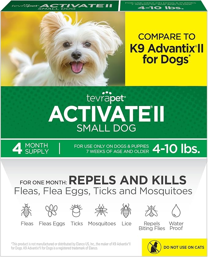 TevraPet Activate II Flea and Tick Prevention for Dogs | 4 Count | Small Dogs 4-10 lbs | Topical Drops | 4 Months Flea Treatment-Mewly Pet