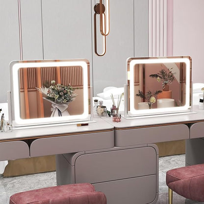 22x17 Inch Lighted Vanity Mirror with Dimmable LED Lights - 3 Color Modes, Smart Touch Control & 360° Rotating Base - Desk Makeup Mirror (White)