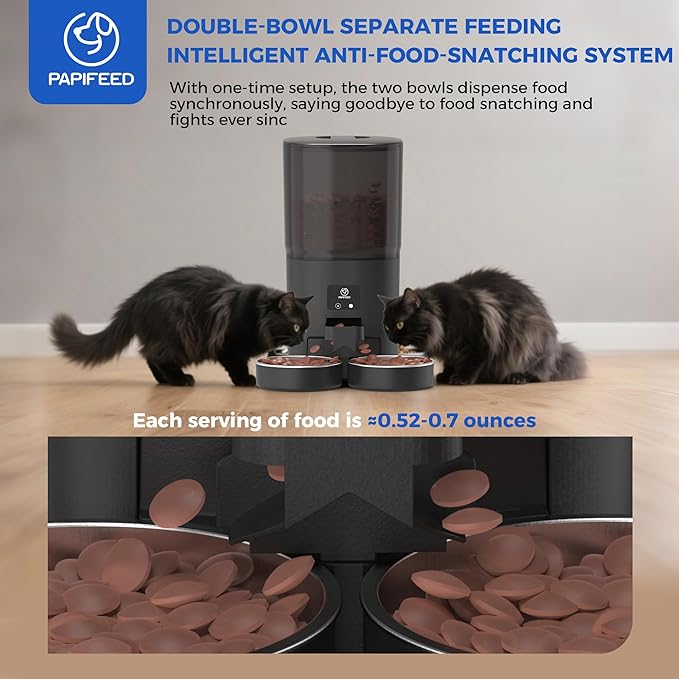 PAPIFEED 7L Automatic Cat Feeder for 2 Cats - 2.4G WiFi Timed Auto Feeder with APP Control, Cat Food Dispenser with Alexa for Multiple Cats, Detachable for Easy Clean, 1-10 Meals Per Day - Black-Mewly Pet