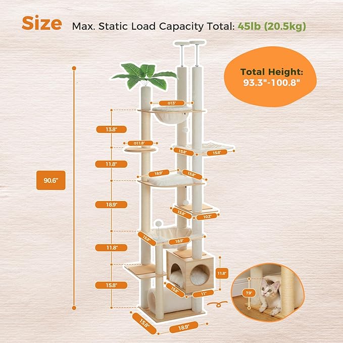 PEQULTI Floor to Ceiling Cat Tree 93.3’’-100.8’’ Height Adjustable Wooden Cat Tower Tall Climbing Play House with Scratching Posts, Cozy Condo, Perches and Large Hammock for Indoor Cats Beige-Mewly Pet