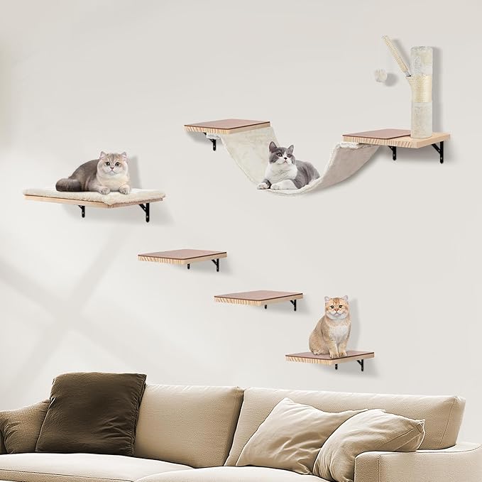 Wall Mounted Cat Climber Set, Cat Wall Shelves,Cat Wall Furniture Set,with Hammock,Jumping Boards,Sofa,Steps,Scratching Post,Hanging Ball and Felt Pads, Suit for Cats Climb, Jump,Scratch-Beige-Mewly Pet