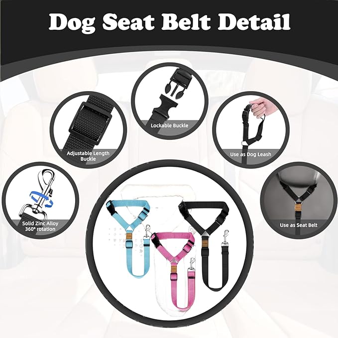 3 Pack Dog Seat Belt for Car, Car Headrest Restraint Adjustable Nylon Fabric, Dog Restraints Vehicle Seatbelts Harness-Mewly Pet