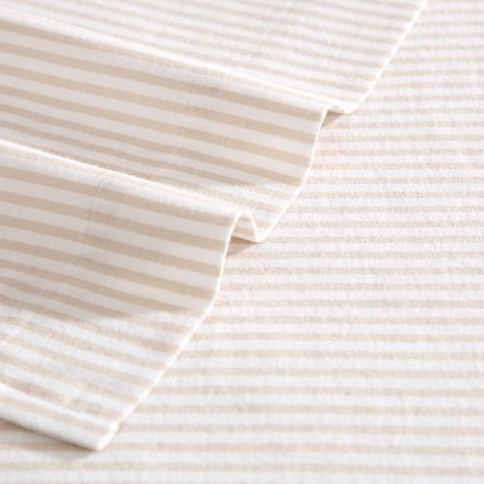 Laura Ashley - Flannel Sheets Queen Size, Anti-Pilling & Wrinkle Resistant Cotton, Soft for All-Season Comfort - Bed Sheets with Matching Pillowcases & Fitted Sheet (Oxfordshire Stripe Beige)