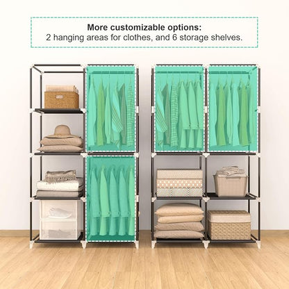 35 Inch Portable Wardrobe Closet for Small Room, Clothing Organizer Storage Rack with Non-Woven Fabric Cover, 1 Clothes Hanging Rod, 6 Storage Shelves, Grey