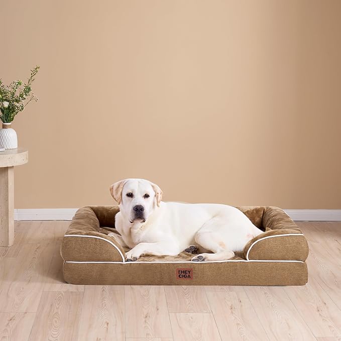 EHEYCIGA Orthopedic Dog Beds for Large Dogs, Waterproof Memory Foam Large Pet Bed with Sides, Non-Slip Bottom and Egg-Crate Foam Dog Couch Bed with Washable Removable Cover, Camel-Mewly Pet