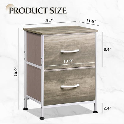 WLIVE Nightstand, 2 Drawer Dresser for Bedroom, Small Dresser with 2 Drawers, Bedside Furniture, Night Stand, End Table with Fabric Bins for Bedroom, Closet, College Dorm, Greige Oak