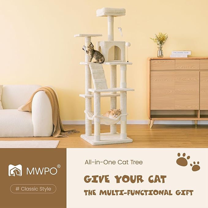 MWPO 63.8 inches Multi-Level Cat Tree for Large Cats with Sisal-Covered Scratching Posts, Padded Platform, Hammock and Condo,Stable Cat Tower Cat Condo Pet Play House-Beige-Mewly Pet