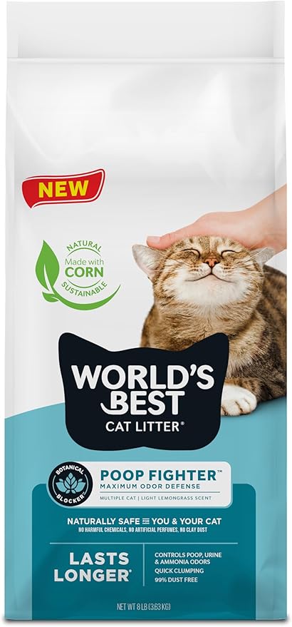 WORLD'S BEST CAT LITTER Poop Fighter Maximum Odor Defense, 8-Pounds - Natural Ingredients, Quick Clumping, Flushable, 99% Dust Free & Made in USA - Long-Lasting Odor Control & Easy Scooping-Mewly Pet