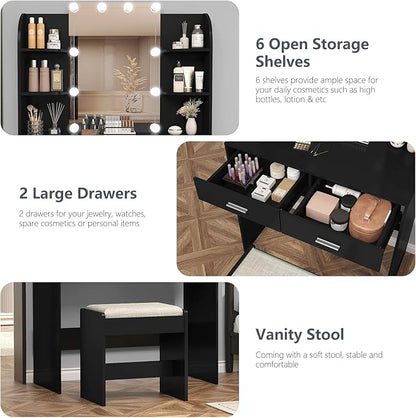 usikey Vanity Desk with Mirror & Lights, Makeup Vanity Table with 2 Large Drawers, 6 Storage Shelves & Stool, Bedroom Dressing Vanity Table with 3 Color Light Adjustable, Black