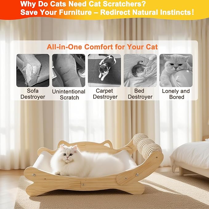 Cat Scratcher Bed for Indoor Cats | 3-in-1 Scratching Post & Hammock Lounge with Wooden Perch, No-Tip Stable Base for Small/Medium/Large Cats ，Durable Scratch Pad & Cat Furniture (Easy Assembly)-Mewly Pet