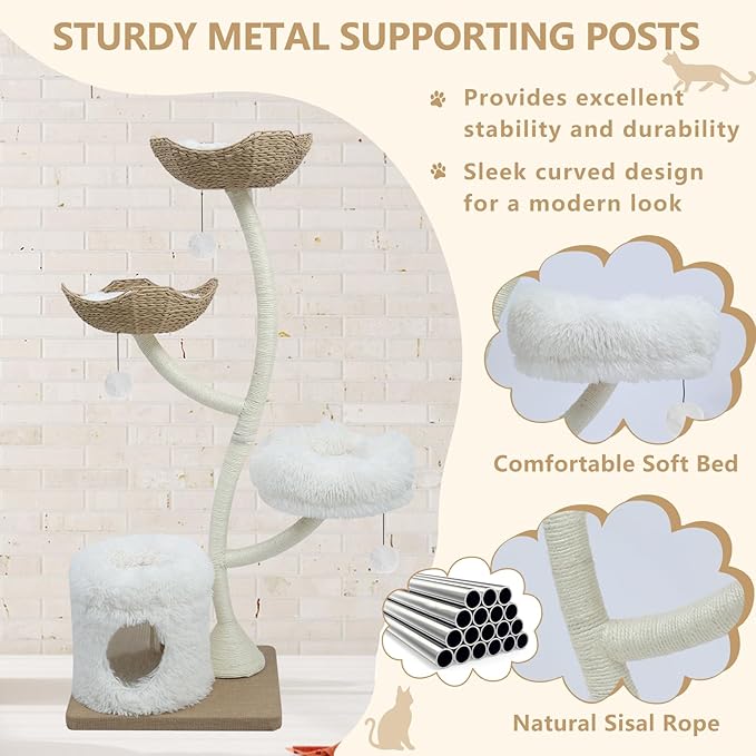 63” Tall Cat Tree Tower for Indoor Cats, Multi-Level Large Cat Climbing Furniture with Scratching Posts, Soft Perch, Cozy Cave, and Hanging Toys, Sturdy Design for Multi-Cat Households-Mewly Pet