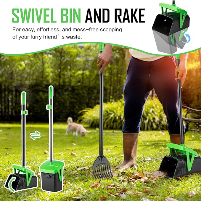 Pooper Scooper Swivel Bin & Rake with 100 Waste Bags, Dog Pooper Scooper with Bag Attachment for Large Medium Small Dogs, Poop Scooper with Lid for Lawn Yard Dog Kennel-Mewly Pet