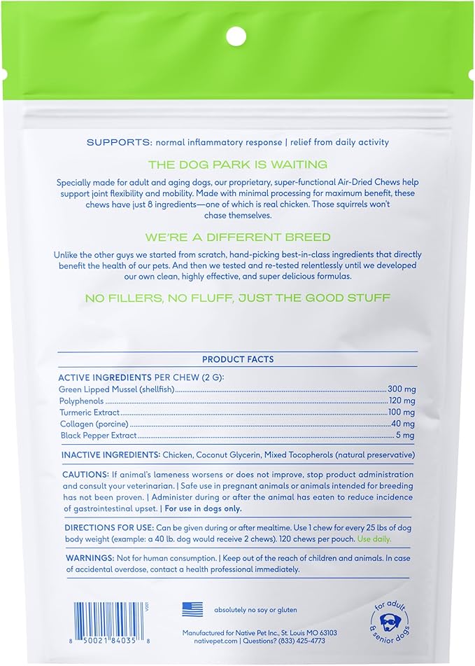 Native Pet Pain Relief for Dogs - Collagen for Dogs Promotes Joint Health, Reduce Inflammation & Stiffness - Senior Pup Joint Supplement - Natural Pain Reliever for Active & Aging Pets - 120 Chews-Mewly Pet