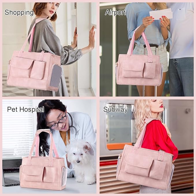 Dog Carrier Purse, Fashion Leather Pet Carrier Bag, Airline Approved Soft Sided Cat Travel Tote Bag with Pockets Pink-Mewly Pet