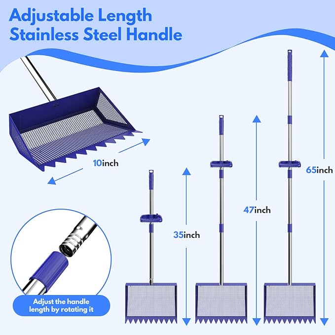 Chicken Poop Scooper & Rake 2-in-1, 304 Stainless Steel Shovel Head, Chicken Litter Scoop with Handle for Chicken Coop & Pet Waste Cleaning, Litter Sifting Shovel (35 to 65") US Patent Pending-Mewly Pet