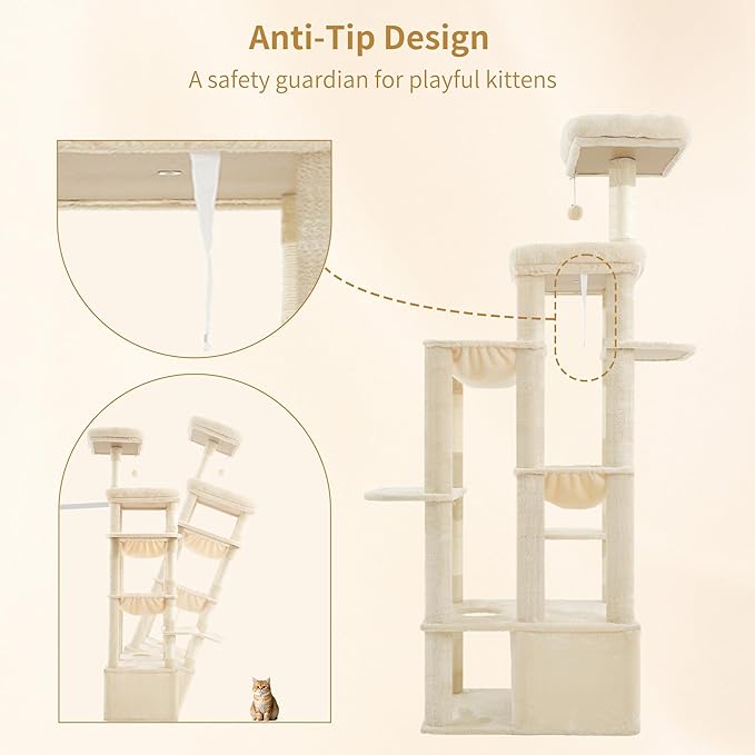 Heybly Heavy Duty Cat Tree, 71-Inch Tall Tower for Large Maine Coon with Extra-Large Baseboard, Cat Condo Furniture with Multi-Level Platforms, 2 Hammocks and 12 Scratching Posts, Beige HCT037M-Mewly Pet