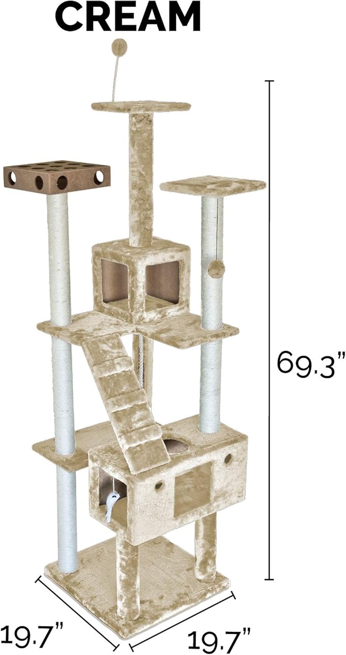 Furhaven 69.3" Tall Cat Tree for Indoor Cats, Ft. Sisal Scratching Posts, 2x Cat Condos, & Toys - Tiger Tough Double Decker Interactive Playground Tower - Cream, One Size-Mewly Pet
