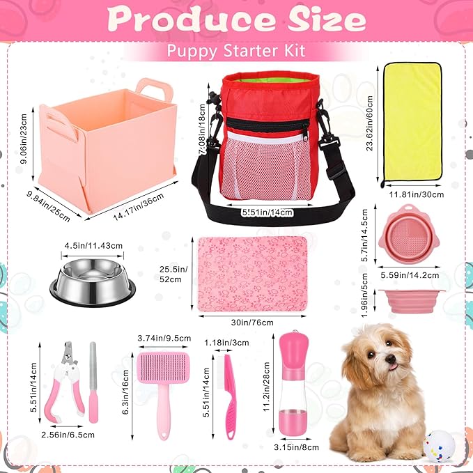 65 Pcs Puppy Supplies Starter Kit Small Dog Essentials Includes Dog Leash, Toys, Bowl, Brushes, Water Bottles, pet Blankets Puppy Accessories for New Welcome Gift Supplies(Cute,Pink)-Mewly Pet