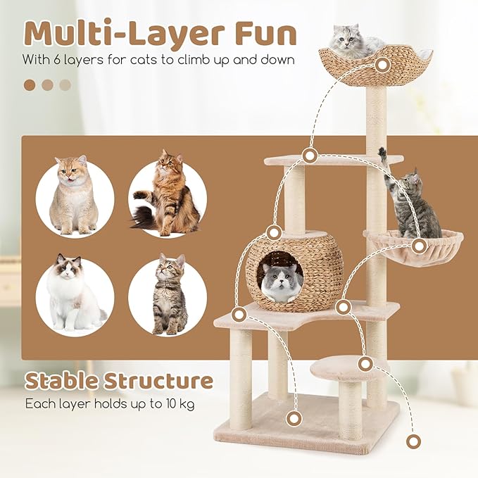 PETSITE 59 inch Cattail Cat Tree Tower, Multi-Level Cat Tower with Natural Sisal Scratching Posts, Condo, Basket, Top Perch and Jumping Platforms, Modern Tall Cat Tree for Indoor Cats-Mewly Pet