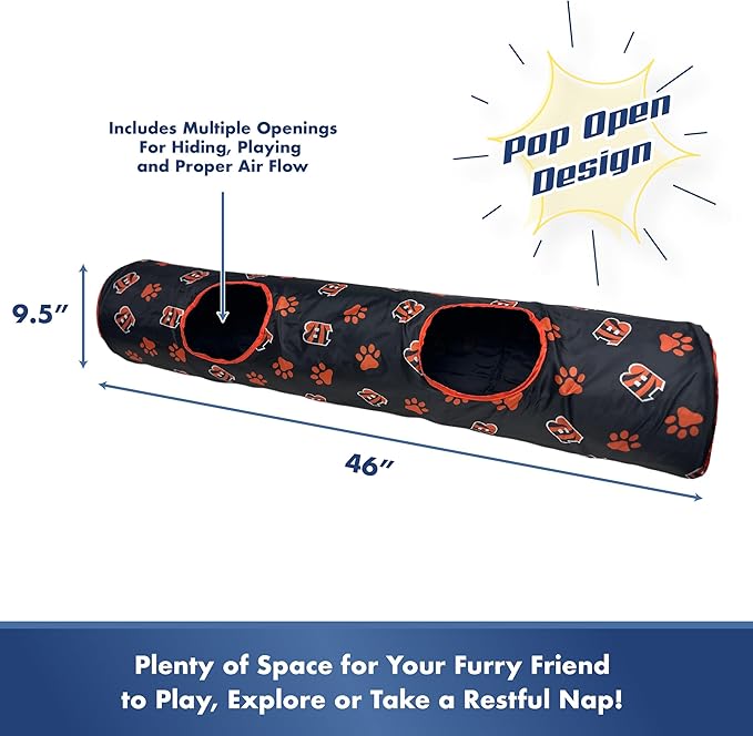 NFL Cincinnati Bengals Cat Tunnel Tube Toy with Plush Football Catnip and Feathers Collapsible Tunnel for Cats to Play, Peek and Hide, Sporty & Fun Cat Tunnel Toy with Team Logo All-Over Design!-Mewly Pet