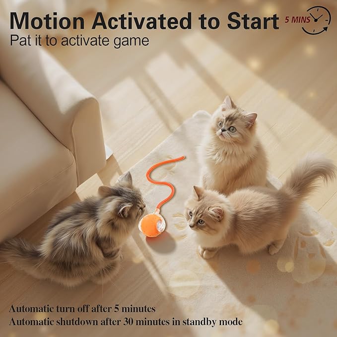 Interactive Cat Toys Ball for Indoor Cats, Automatic Agile Rolling Cat Ball with Elastic Mesh Tail, Bird Chirping & Motion Activated, 2 Tail Accessories, Kitten Toy for Bored (Orange)-Mewly Pet