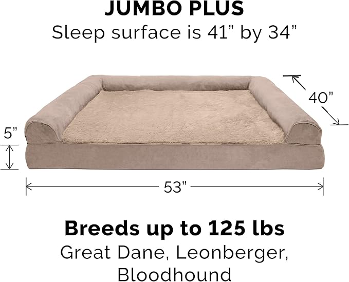 Furhaven Orthopedic Dog Bed for Large Dogs w/ Removable Bolsters & Washable Cover, For Dogs Up to 125 lbs - Plush & Suede Sofa - Almondine, Jumbo Plus/XXL-Mewly Pet