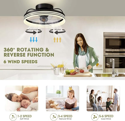 Ceiling Fans with Lights, 360° Rotating Ceiling Fan with Lights and Remote, 6 Wind Speeds Smart Low Profile Ceiling Fan for Bedroom, Kids Room and Living Room 20"